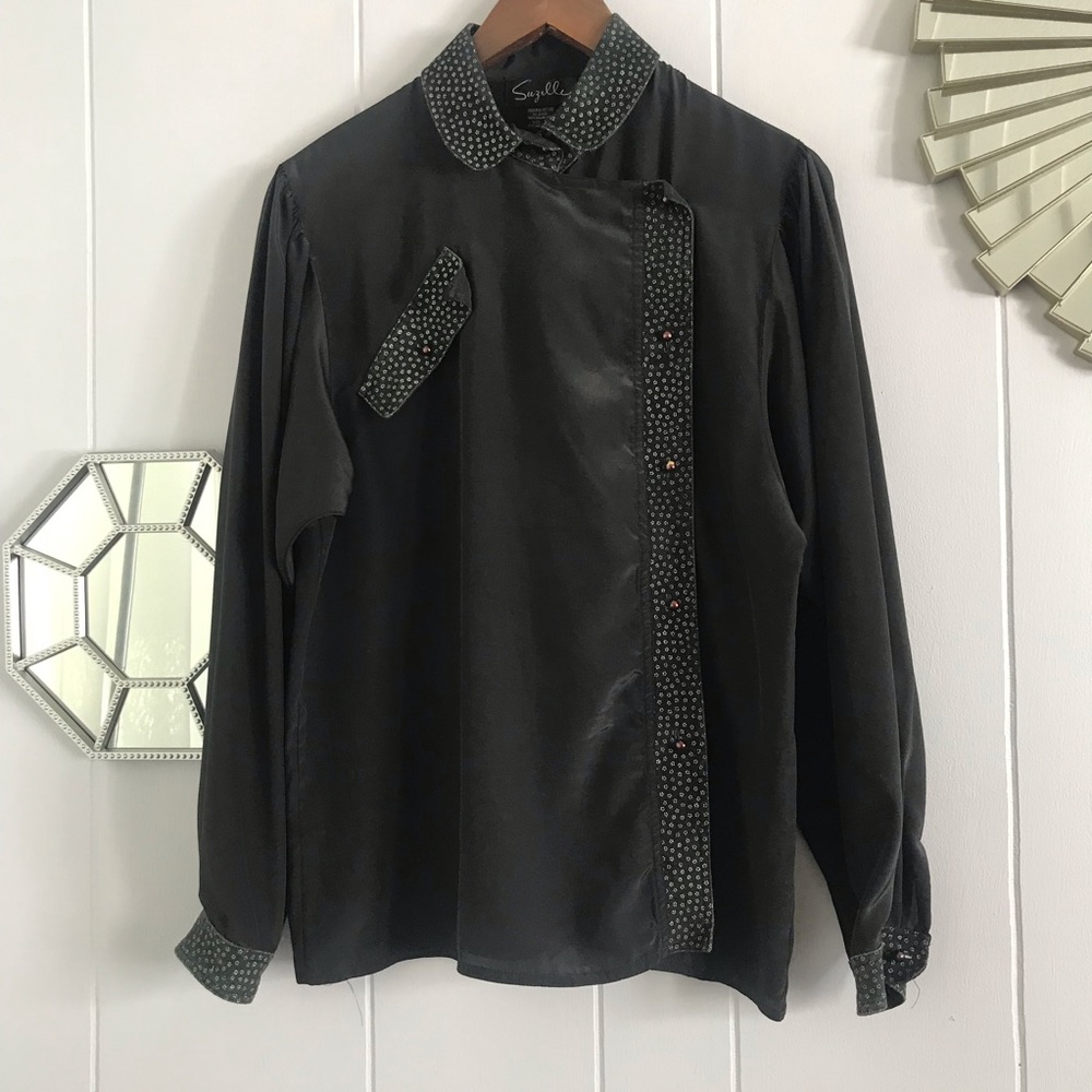 Vintage Suzelle Black Flower Button-down Blouse